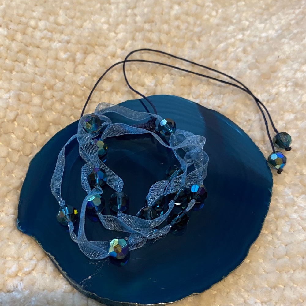 Blue Crystal And Ribbon Double Bracelet